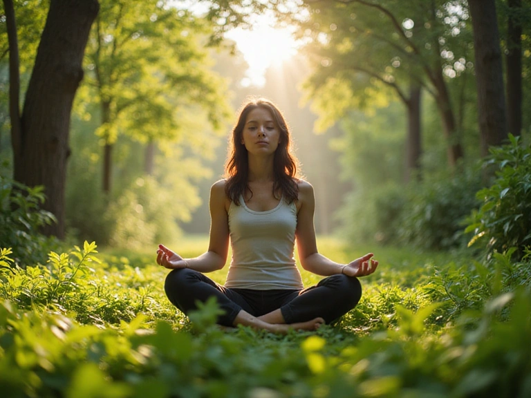 A person meditating peacefully in a lush, green natural setting, symbolizing health, wellness, and inner peace achieved through natural products.