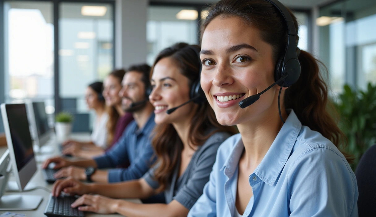 A diverse team of Tech Solutions Inc. customer service representatives smiling and ready to assist clients in a modern, brightly lit office environment.