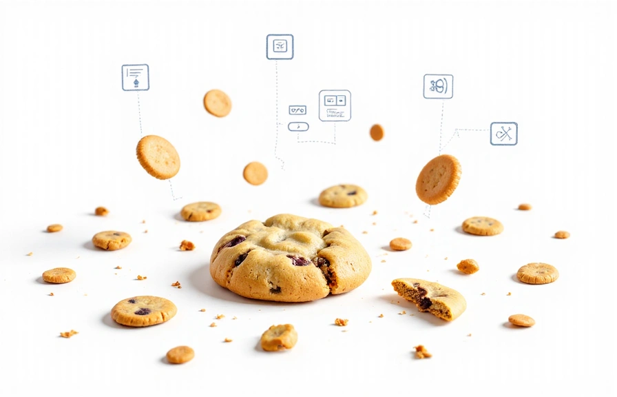 A detailed illustration of various types of cookies, some digital, some physical, with icons representing data privacy and web browsing, set against a clean, modern background.
