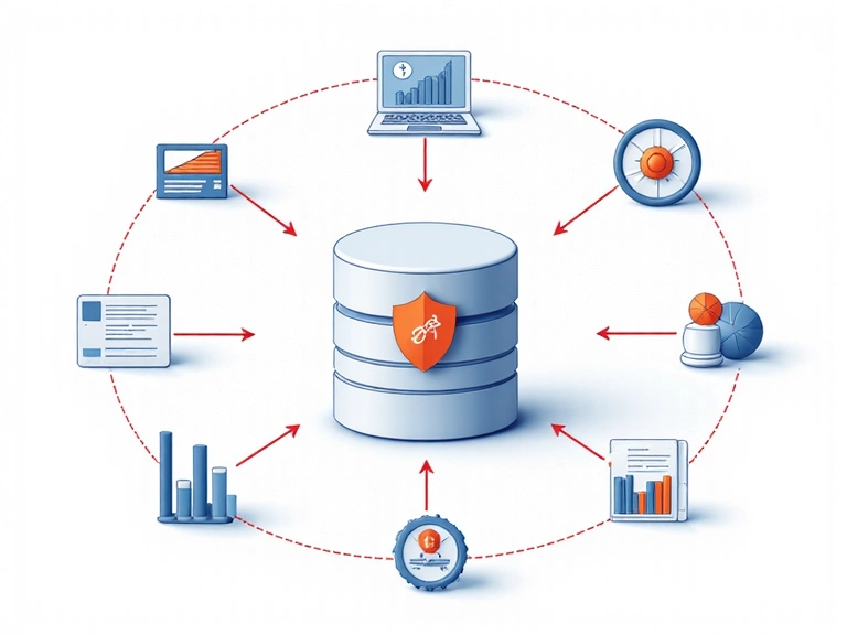 Illustration of data flowing securely into a database with analytical charts, indicating data collection and usage.
