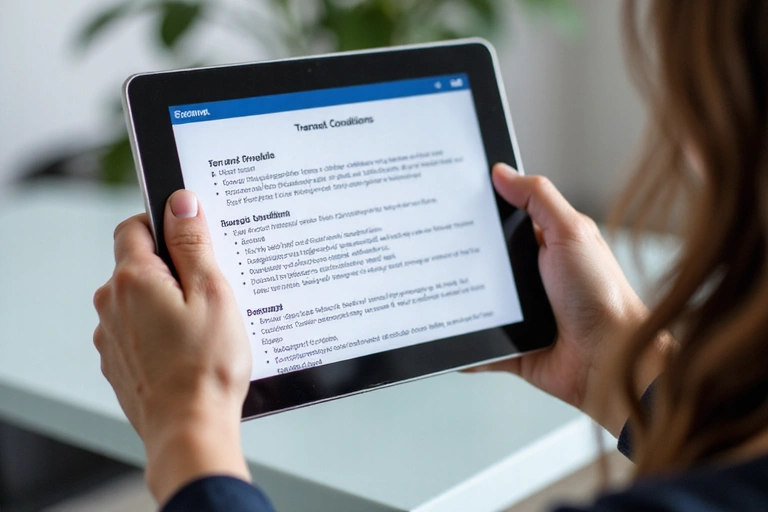 Person reading terms and conditions on a tablet, symbolizing agreement and understanding.
